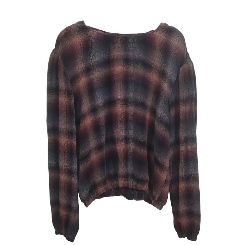Bella Dahl Top Smocked Boho Pullover Canyon Pucker Plaid Dark Academia Medium - Picture 2 of 9